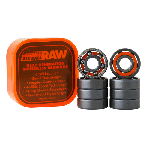 Six Ball Raw bearings with orange packaging on a white background