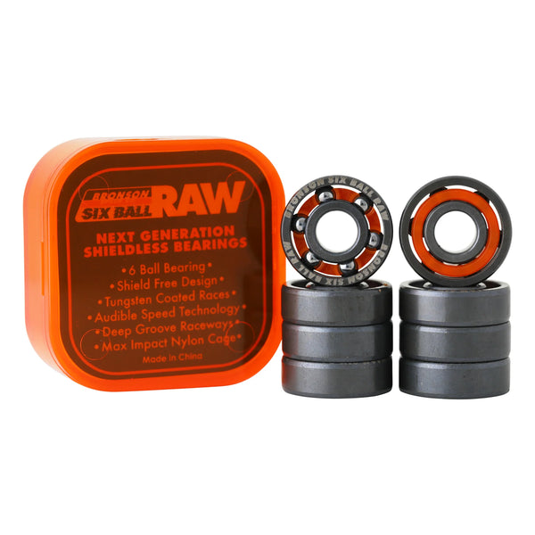 Six Ball Raw bearings with orange packaging on a white background