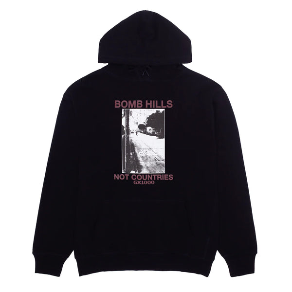 GX1000 - Bomb Hills Not Countries Hoodie (Black W/ Burgundy Font)