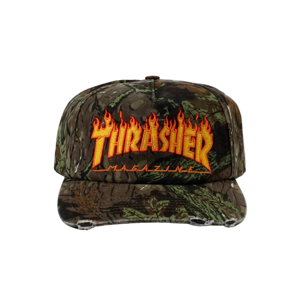 Thrasher - Flame Distressed Snapback Hat (Camo)